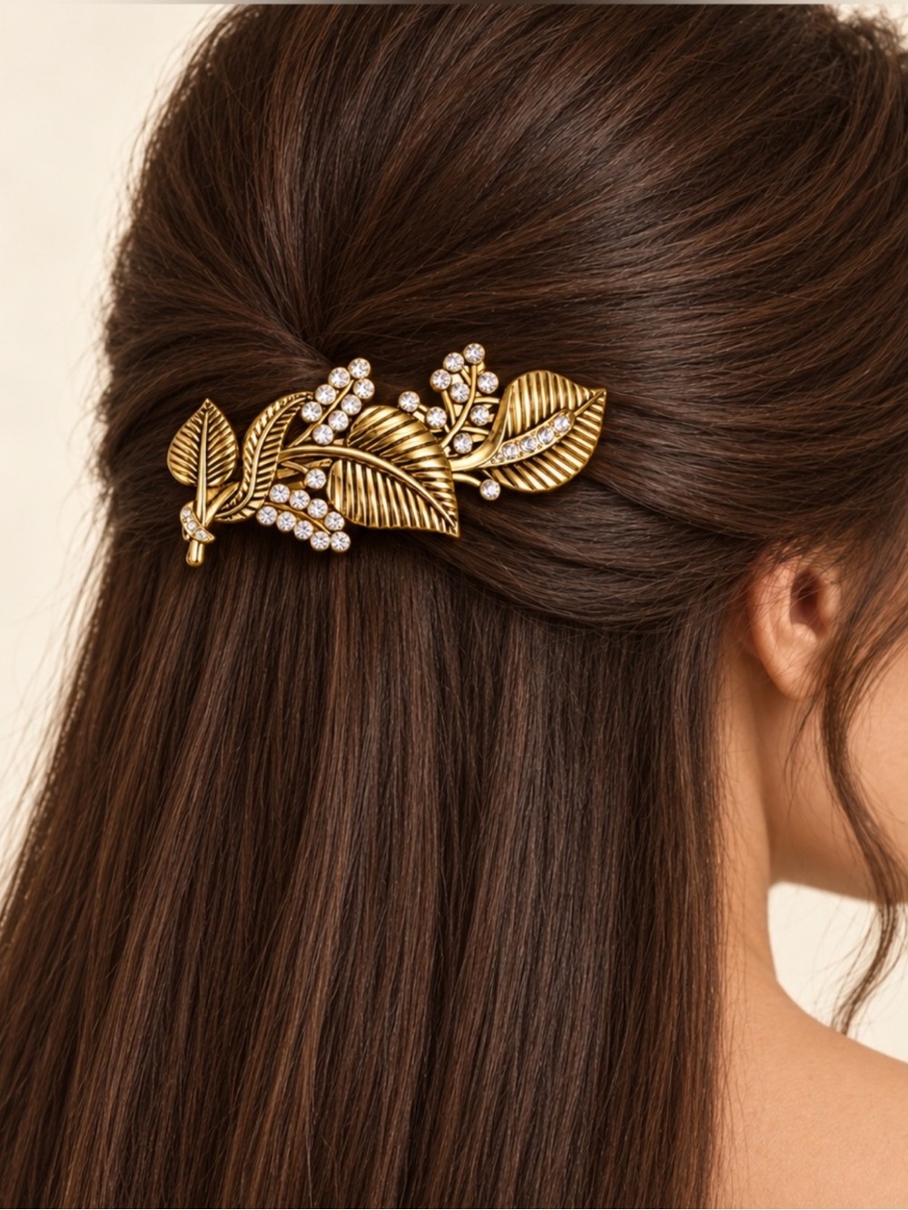 Gold Leaf Crystal Hair Clip in Antique Gold